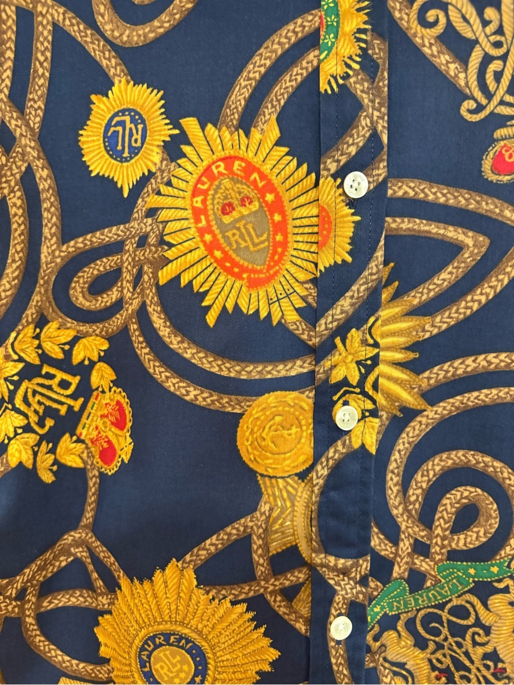 Ralph Lauren Navy Button-Up Shirt with Gold and Red Baroque Motif, size 1X - Picture 4 of 5